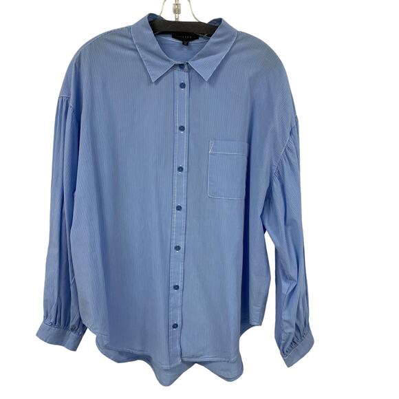 Sanctuary Light Blue White Striped Button Up Long Puff Sleeve Top Womens XL - Picture 1 of 7